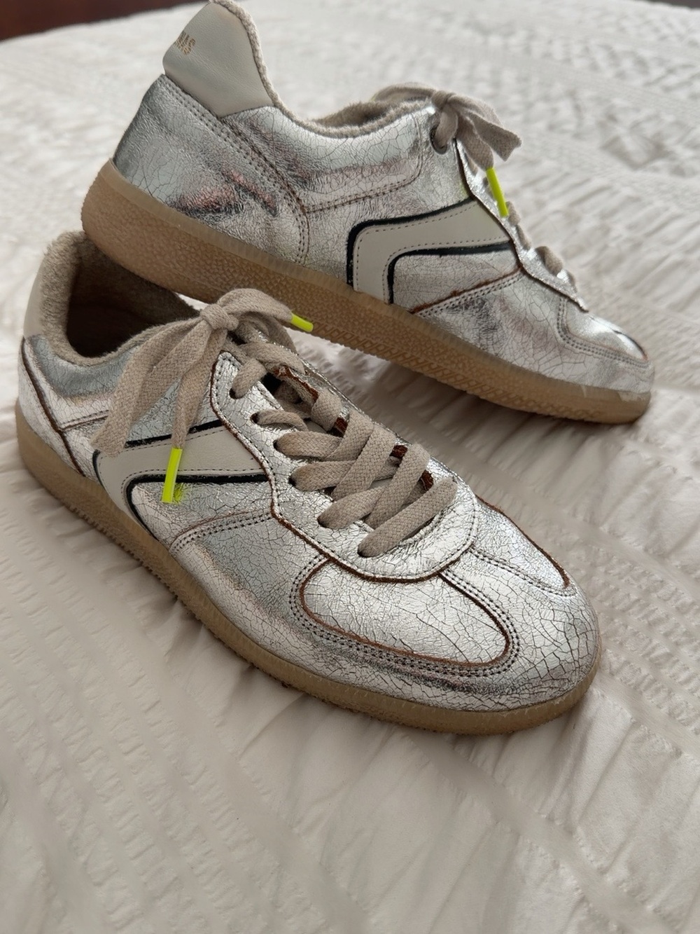 Verbenas Metallic Silver Leather Retro Sneakers Gum Sole EU 40 US Size:9-9.5